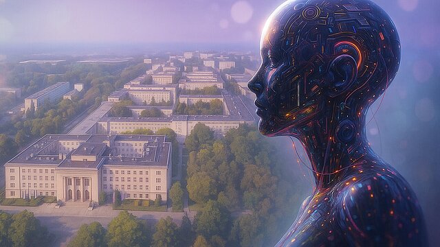 A bird's eye view of the AGH campus and the android bust